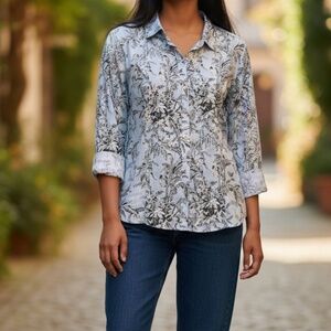 TALBOTS Non-Iron Women's 16 Long-Sleeved Deep Blue & White on Light Blue Blouse